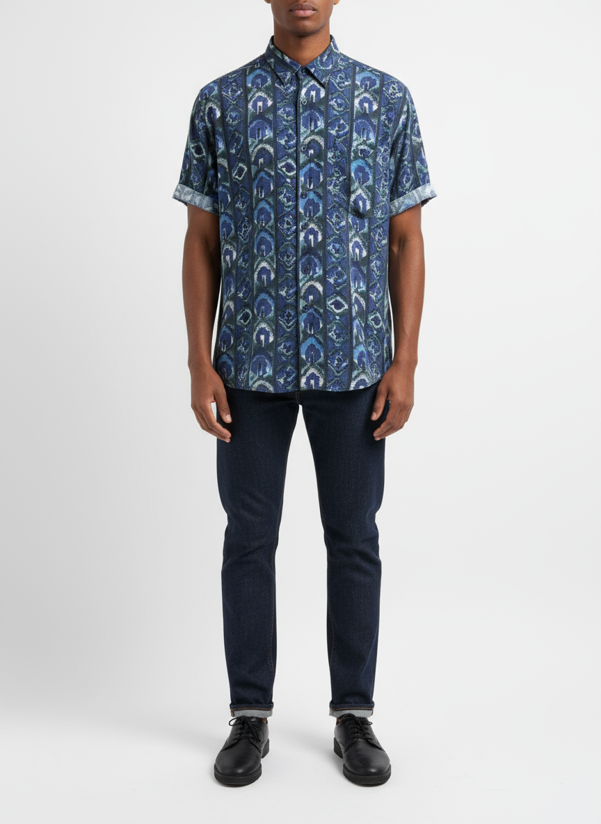 Vintage South Rayon Button-Up – Geometric Tribal Print (Fine Line) | Size Large