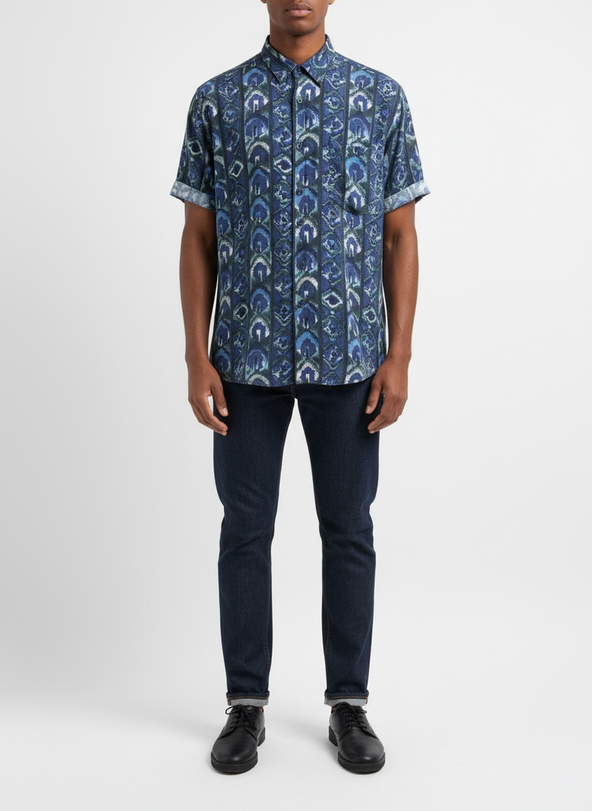 Vintage South Rayon Button-Up – Geometric Tribal Print (Fine Line) | Size Large