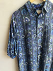 Vintage South Rayon Button-Up – Geometric Tribal Print (Fine Line) | Size Large