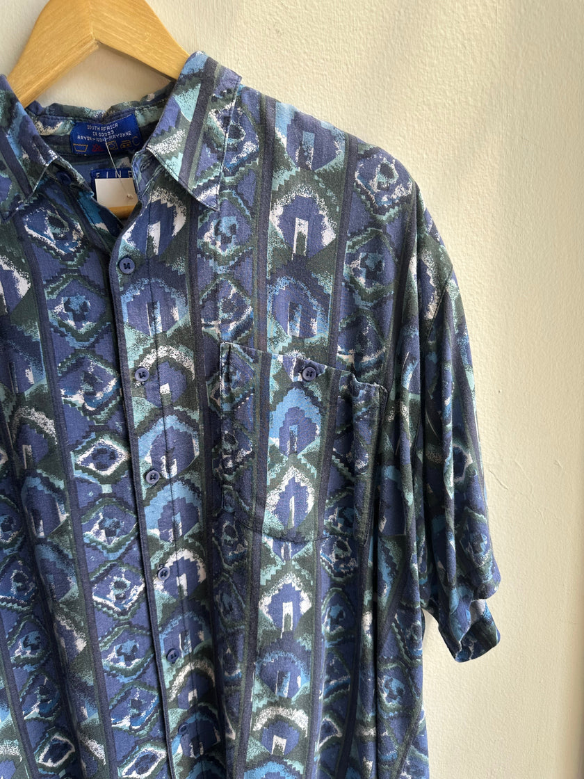 Vintage South Rayon Button-Up – Geometric Tribal Print (Fine Line) | Size Large