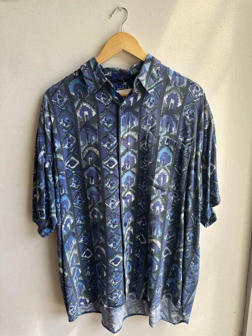 Vintage South Rayon Button-Up – Geometric Tribal Print (Fine Line) | Size Large