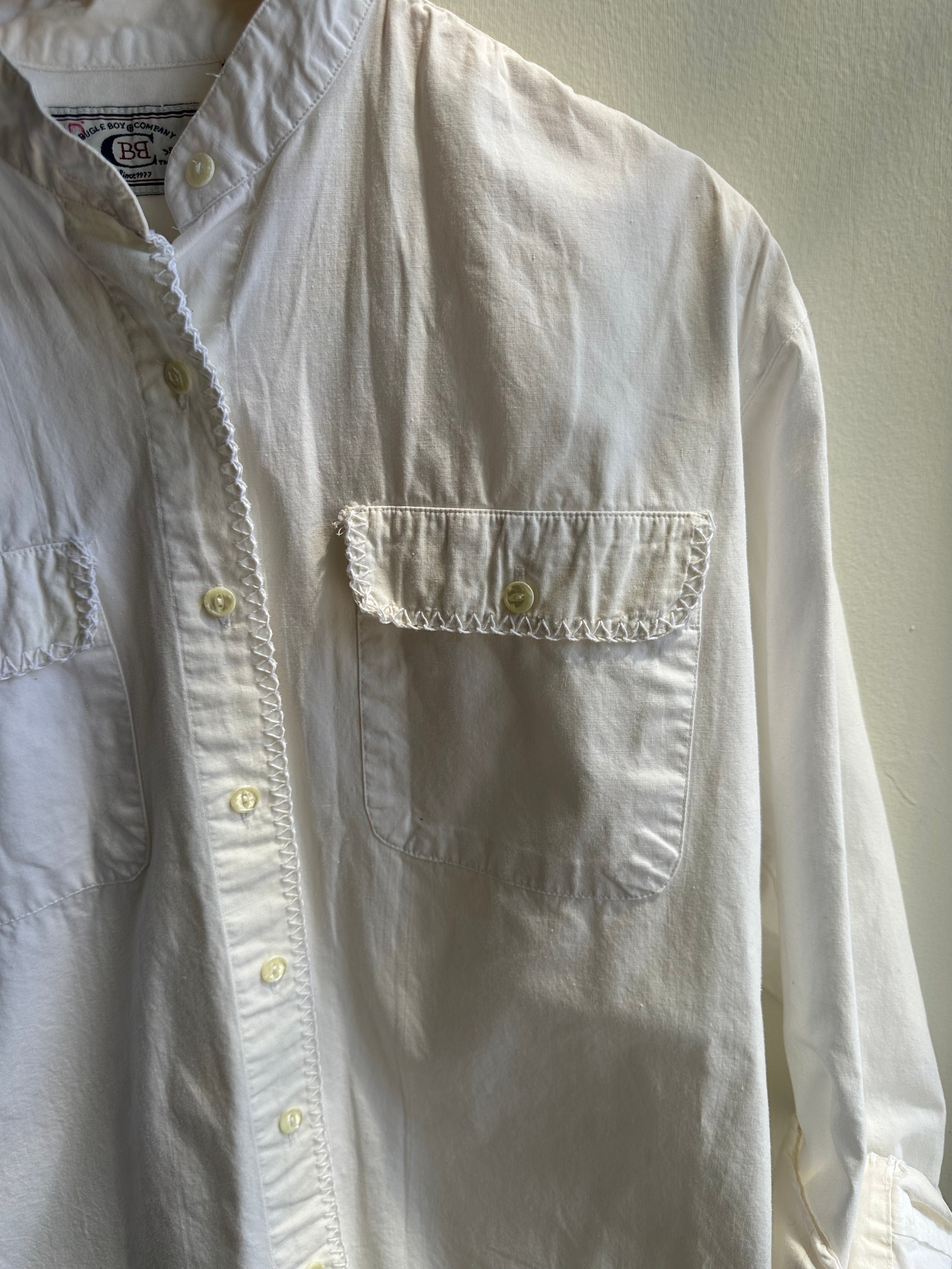 Vintage Bugle Boy Mandarin Collar Shirt – White Cotton Button-Up | Size Small