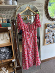Floral Puff-Sleeve Midi Dress – Square Neckline in Rosy Bloom | Size Med/Large