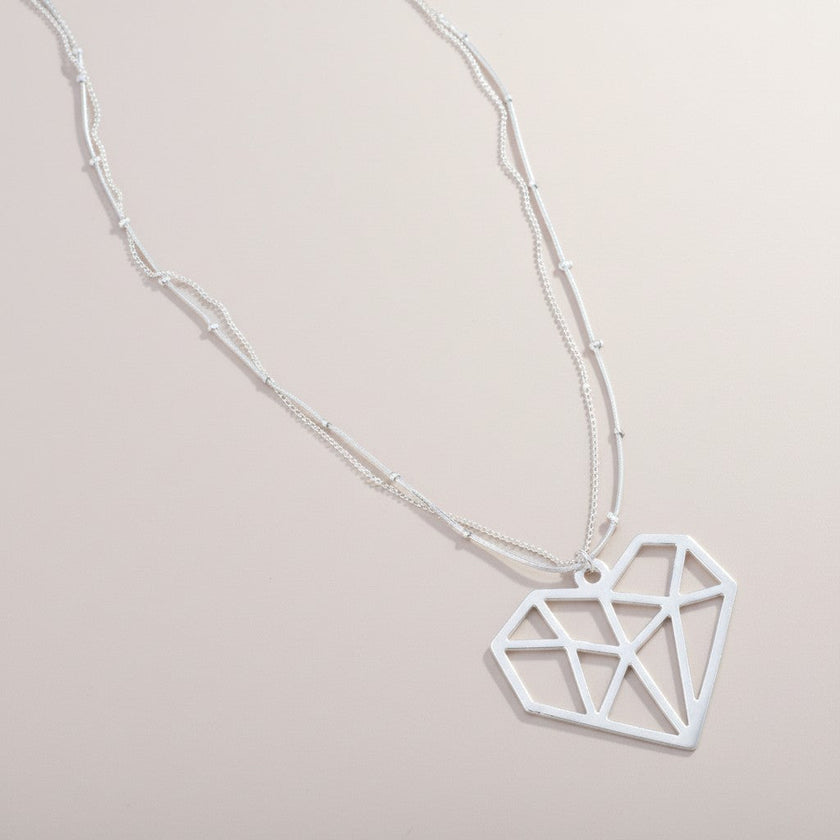 Double Strand Necklace With Heart Pendant In Silver Plate