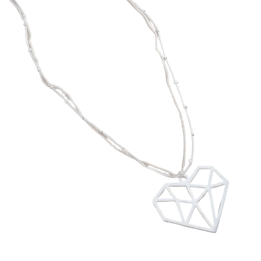 Double Strand Necklace With Heart Pendant In Silver Plate