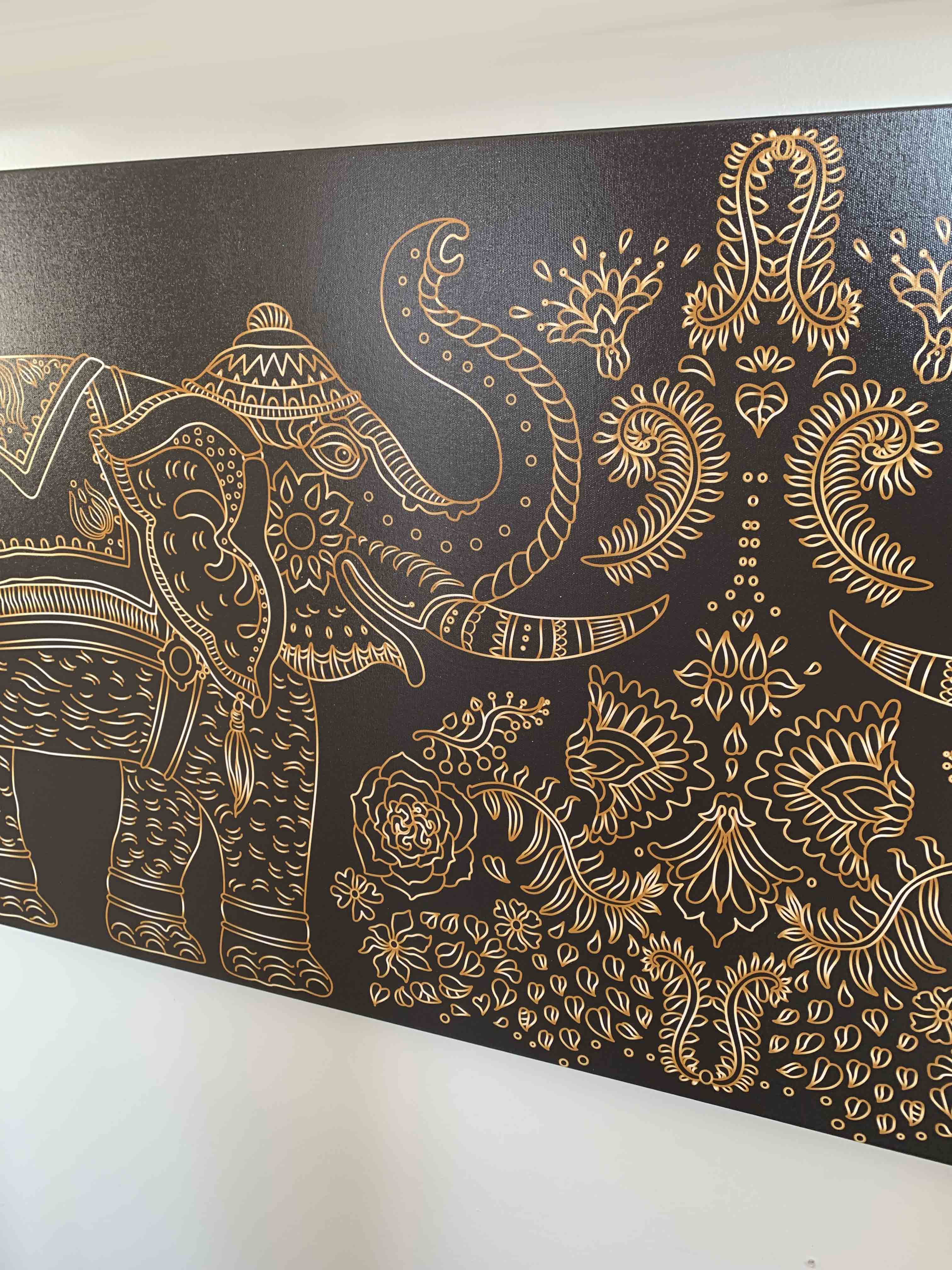 Lucky Trunk Up Elephants- Wildlife Canvas-Gold varnish