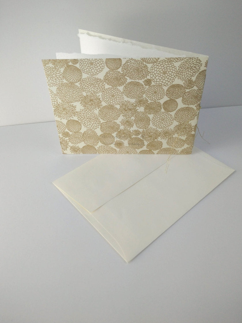 Handsewn Chiyogami Cotton Rag Blank Card | Gold Chrysanthemums
