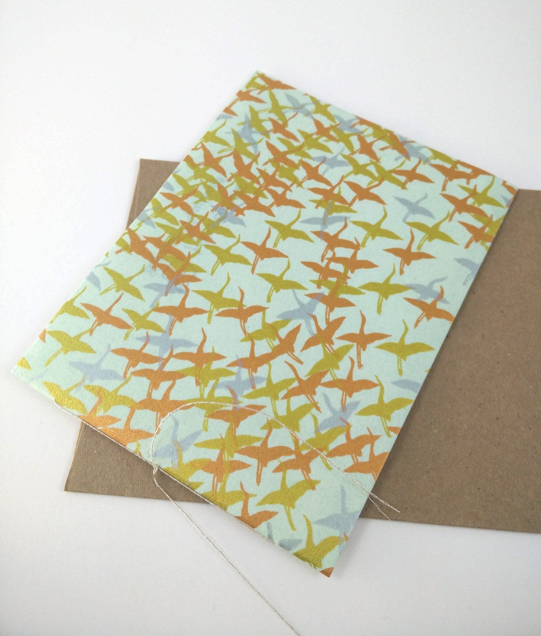 Handsewn Chiyogami Cotton Rag Blank Card | Metallic birds
