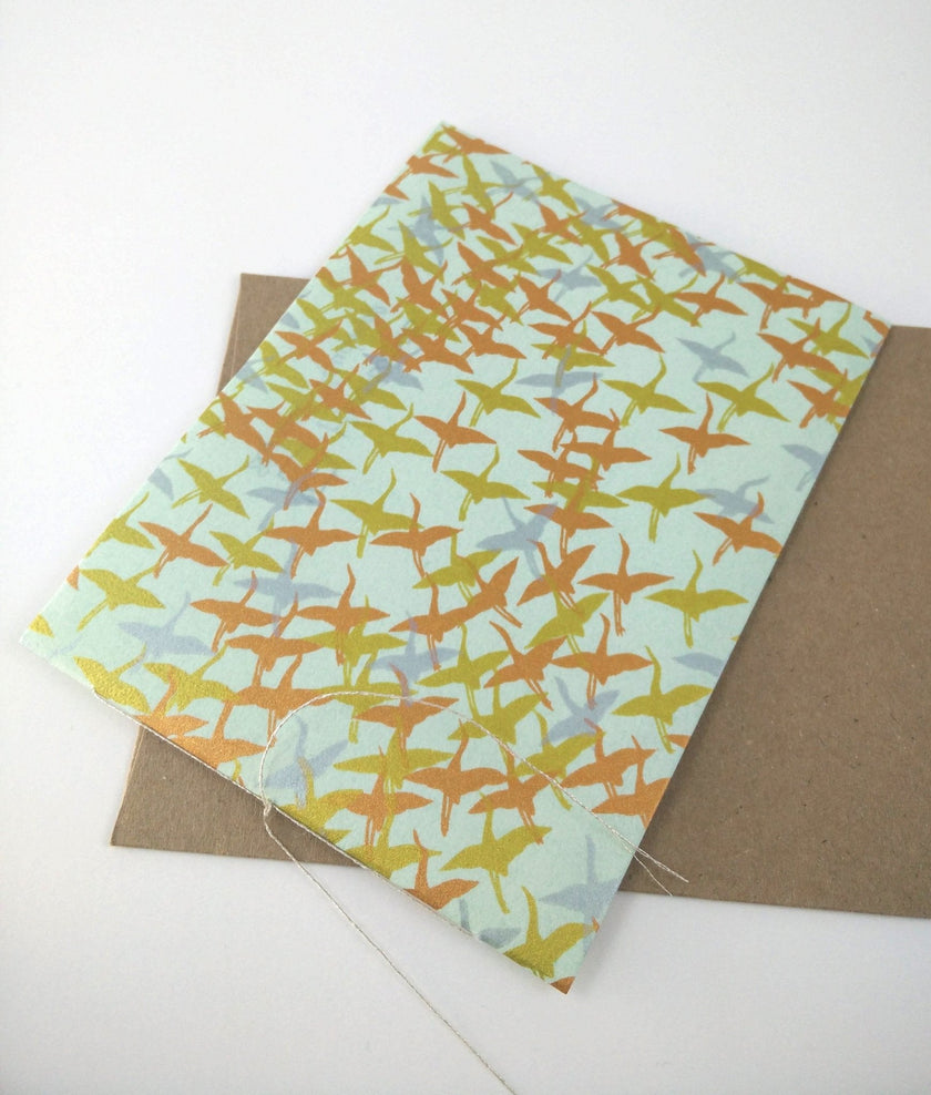 Handsewn Chiyogami Cotton Rag Blank Card | Metallic birds