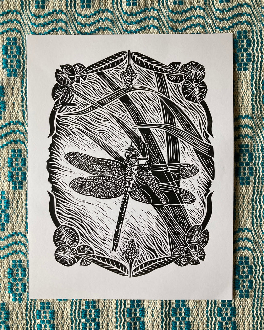 'Green Darner Dragonfly' lino print