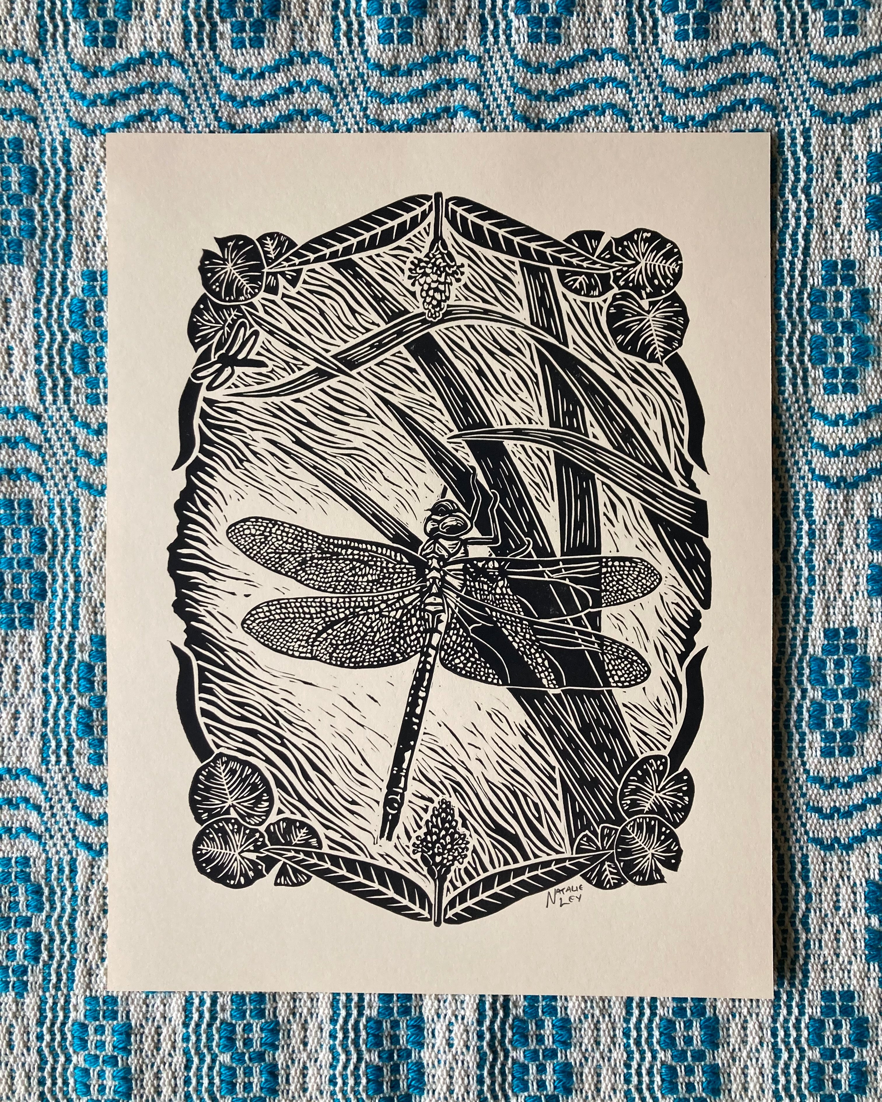 'Green Darner Dragonfly' lino print