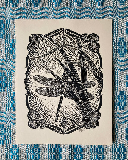 'Green Darner Dragonfly' lino print