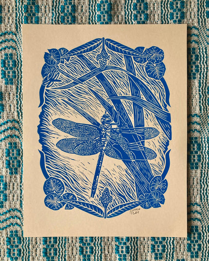 'Green Darner Dragonfly' lino print