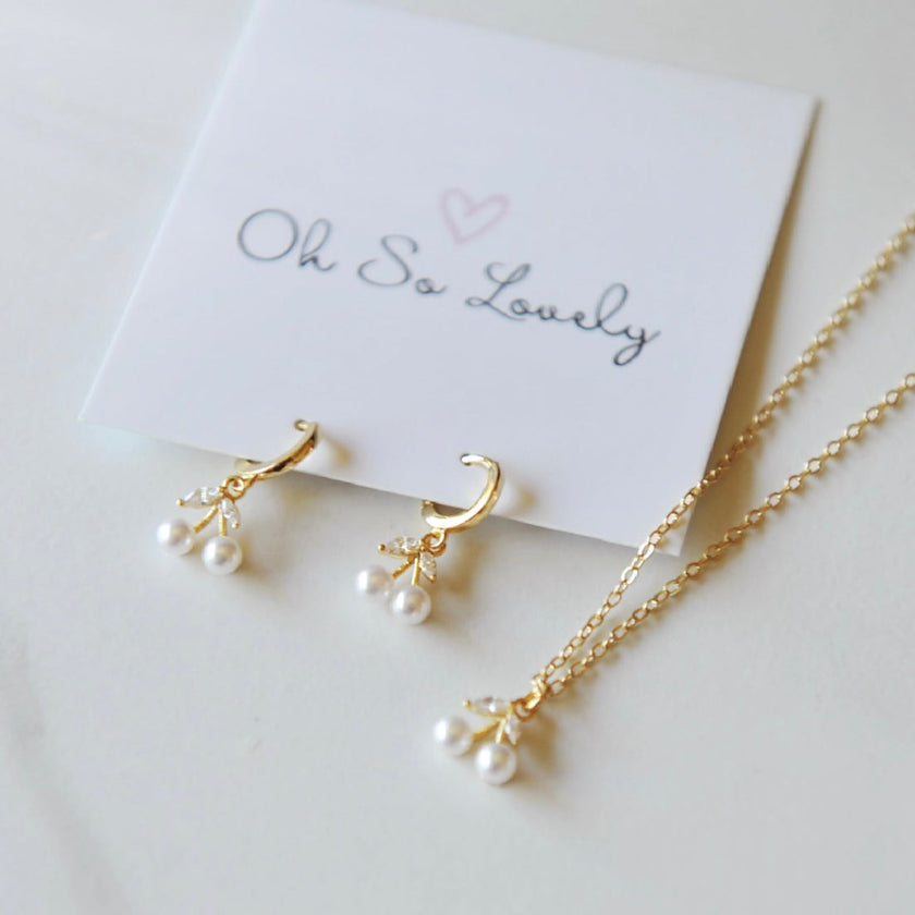 Betsy Pearl Cherry Earrings and Necklace Set