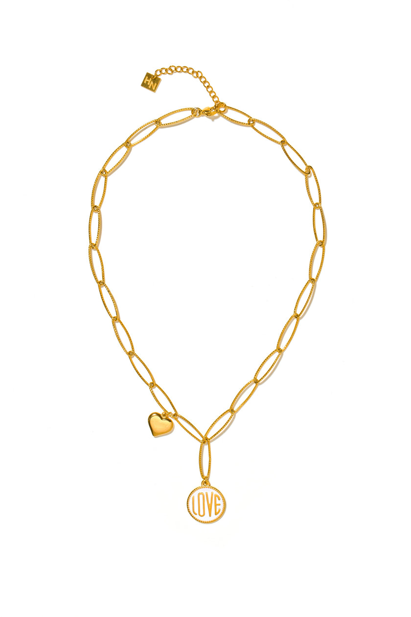 EMMA Retro LOVE Scripted Pendant on a Contemporary Chain Linked Necklace