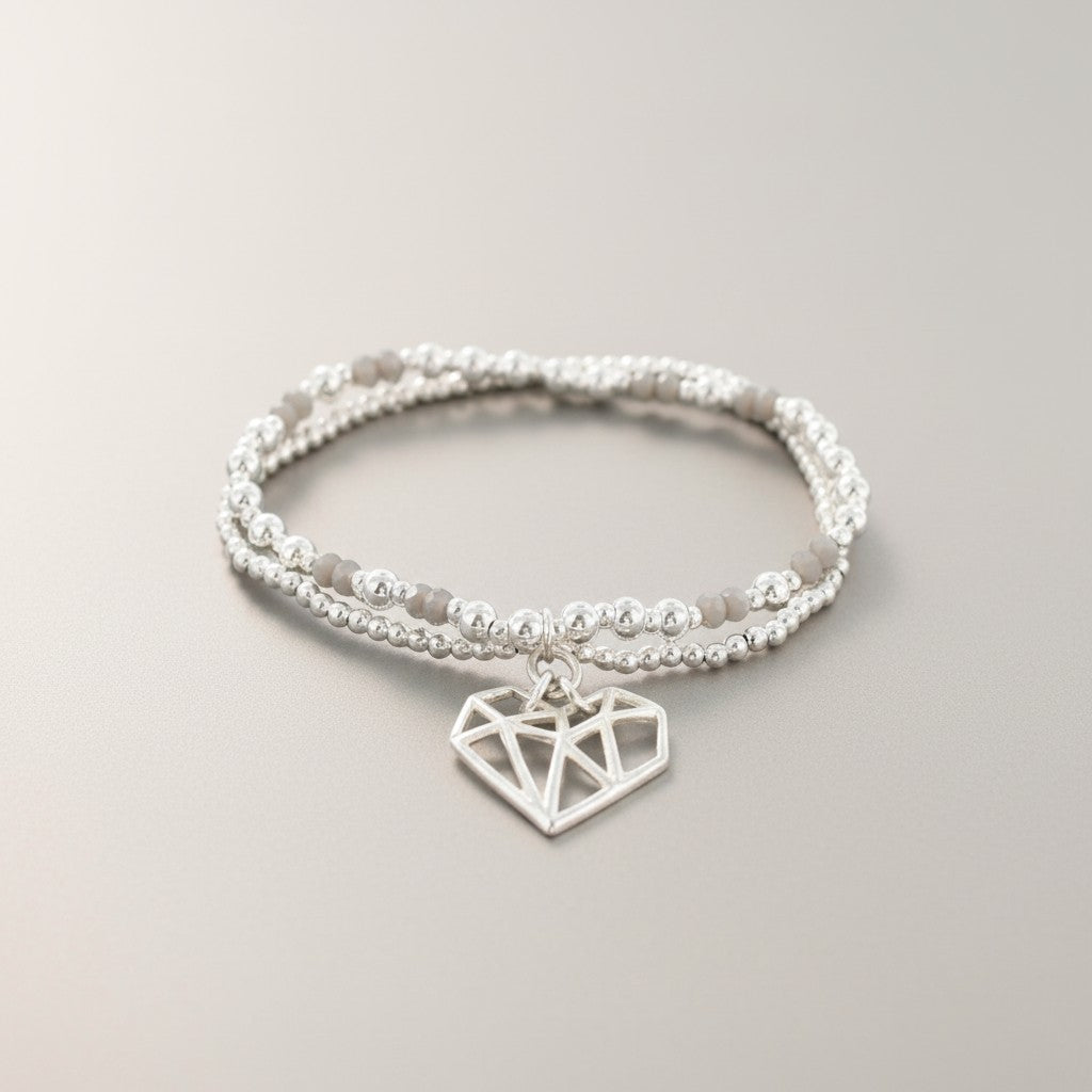 Double Strand Bracelet With Heart Pendant In Silver Plate