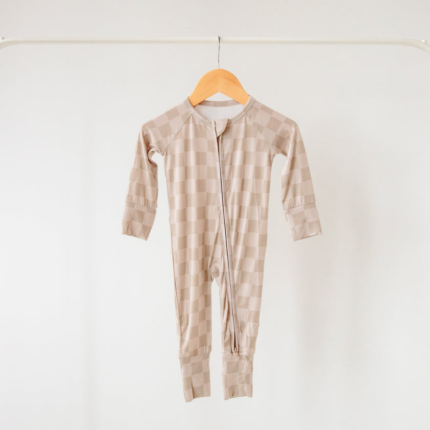 Taupe Checkerboard Bamboo Zippered Romper