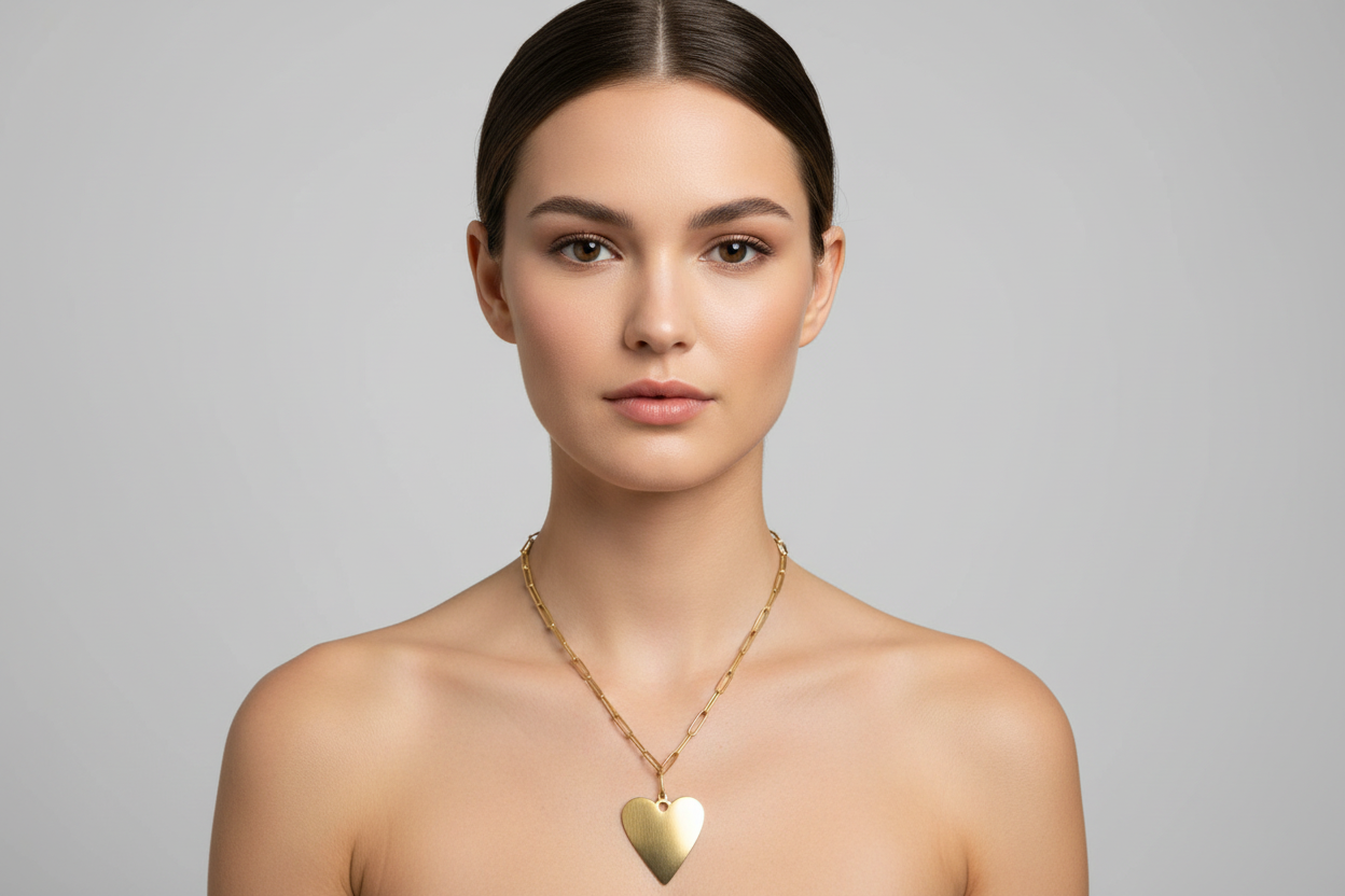 Short Chainlink Heart Pendant Necklace - Gold Stainless Steel