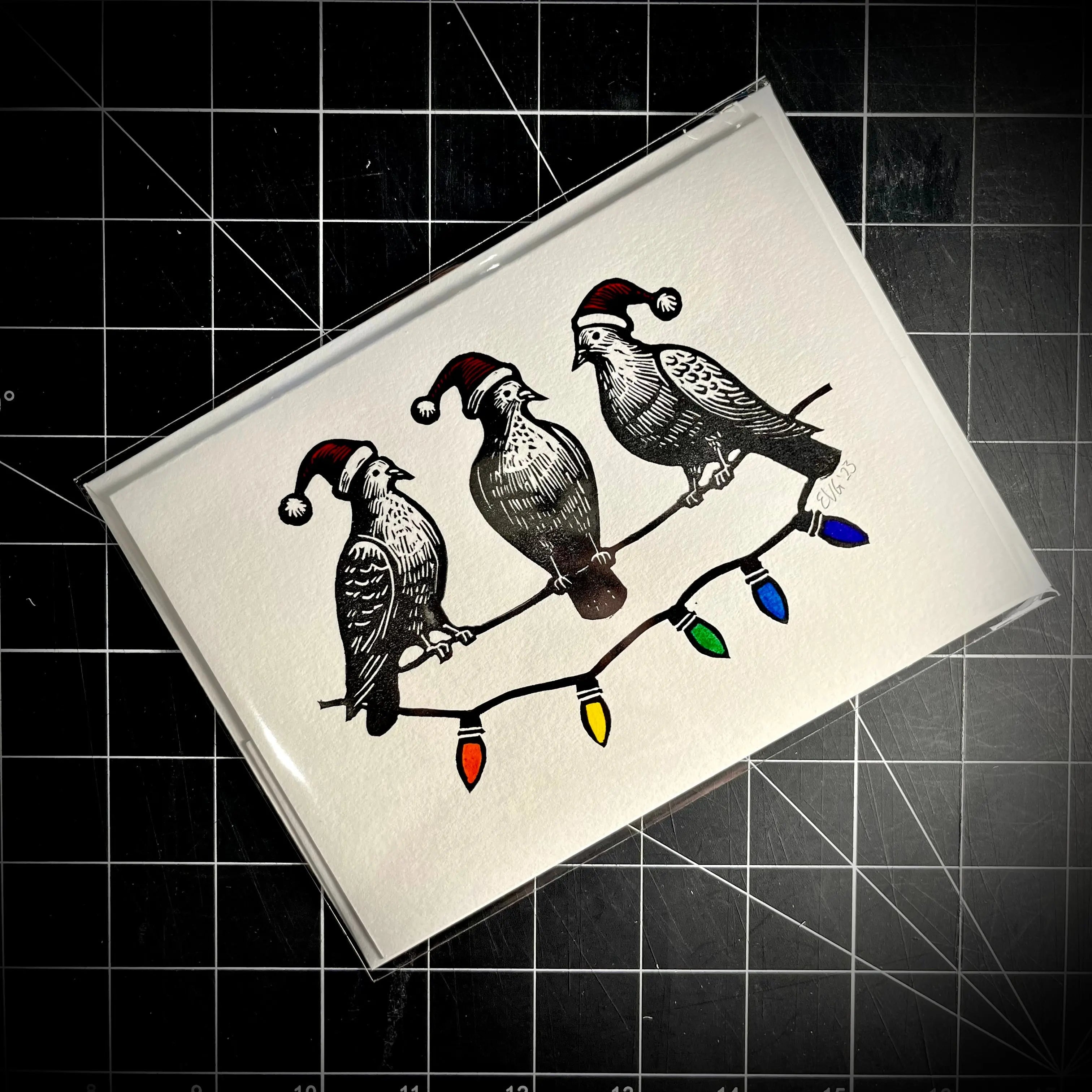 Three Pigeons Slaying Holiday Card | LINOCUT CARD
