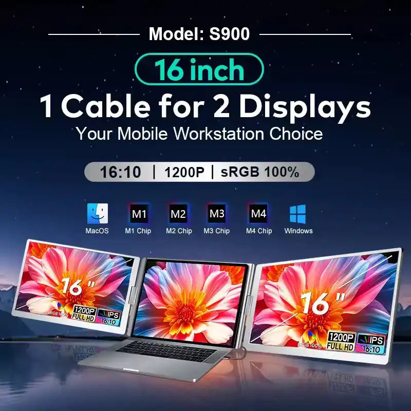 TUTT 16” Dual Portable Monitor | Single Cable Connection | 16:10 Ratio IPS, Stand-Alone Design | Windows, MacBook | S900