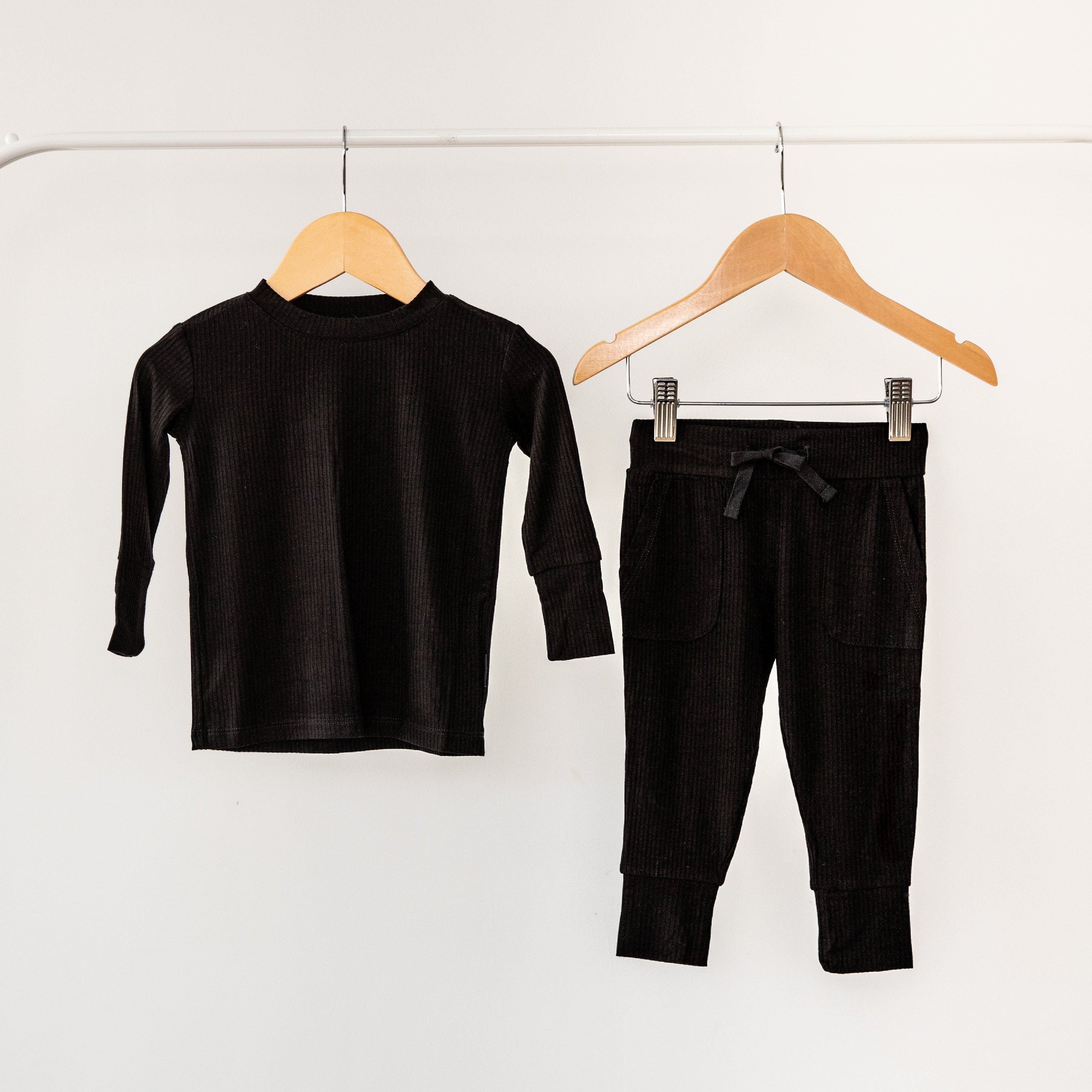 Jet Black Ribbed Bamboo 2-Piece Long Sleeve Jogger Set