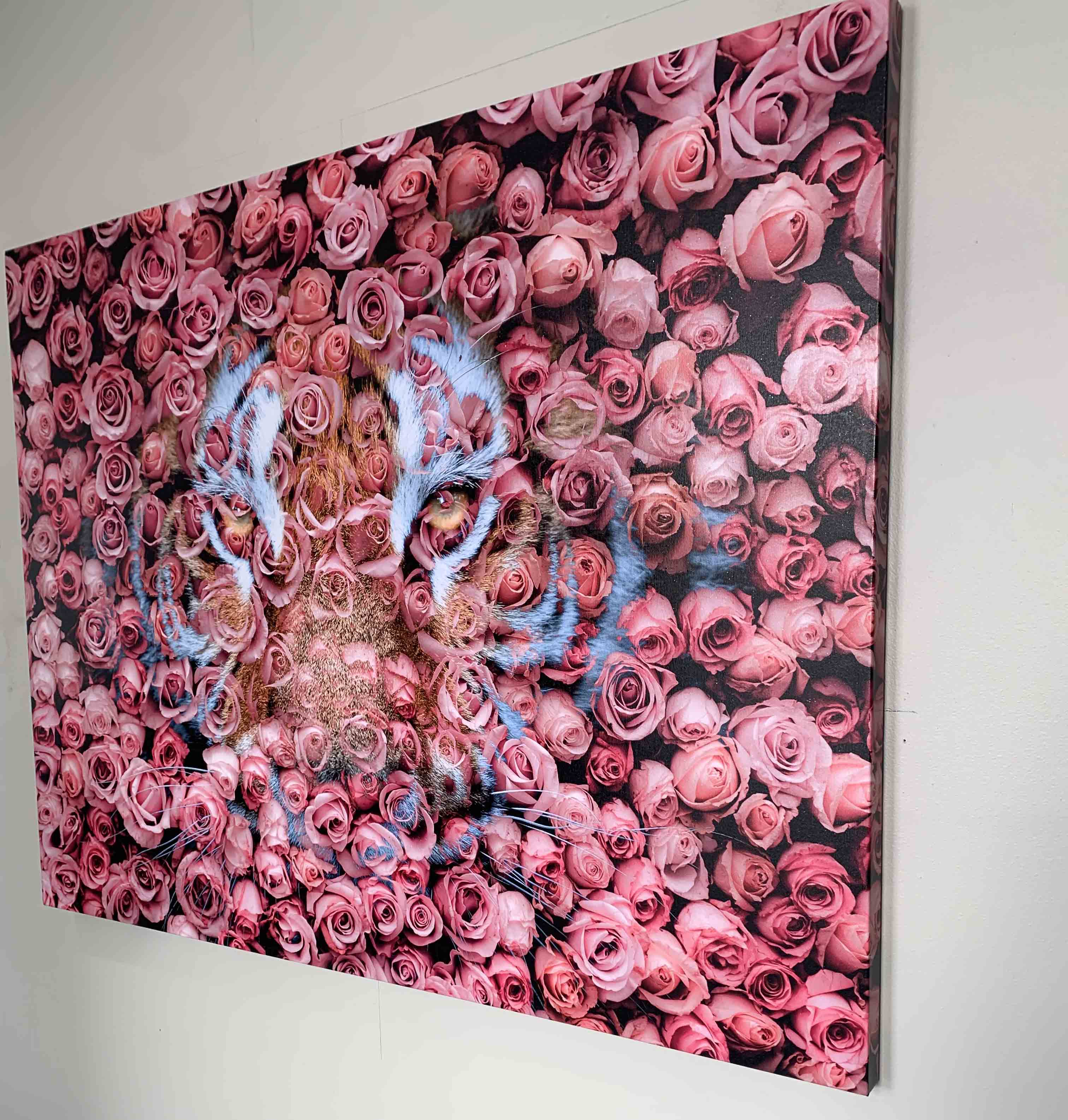 Tiger in the Rose-Wildlife Canvas Prints- Animal Art- Gold varnish