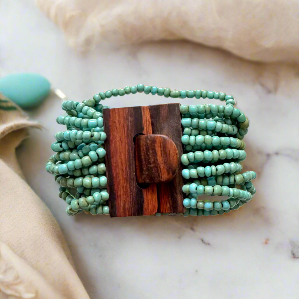 Beaded Bracelet with Wooden Clasp