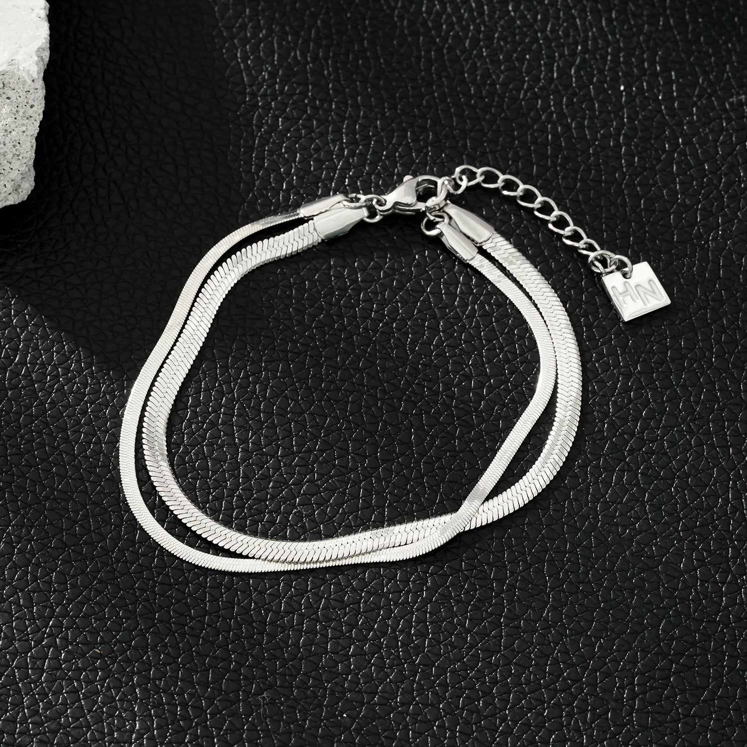 INESE Silver (White Gold): Snake-Skin Textured 2-Layer Bracelet