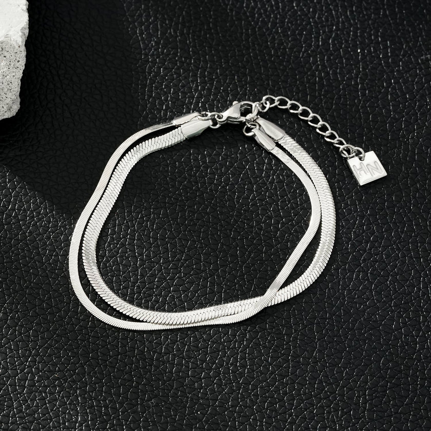 INESE Silver (White Gold): Snake-Skin Textured 2-Layer Bracelet