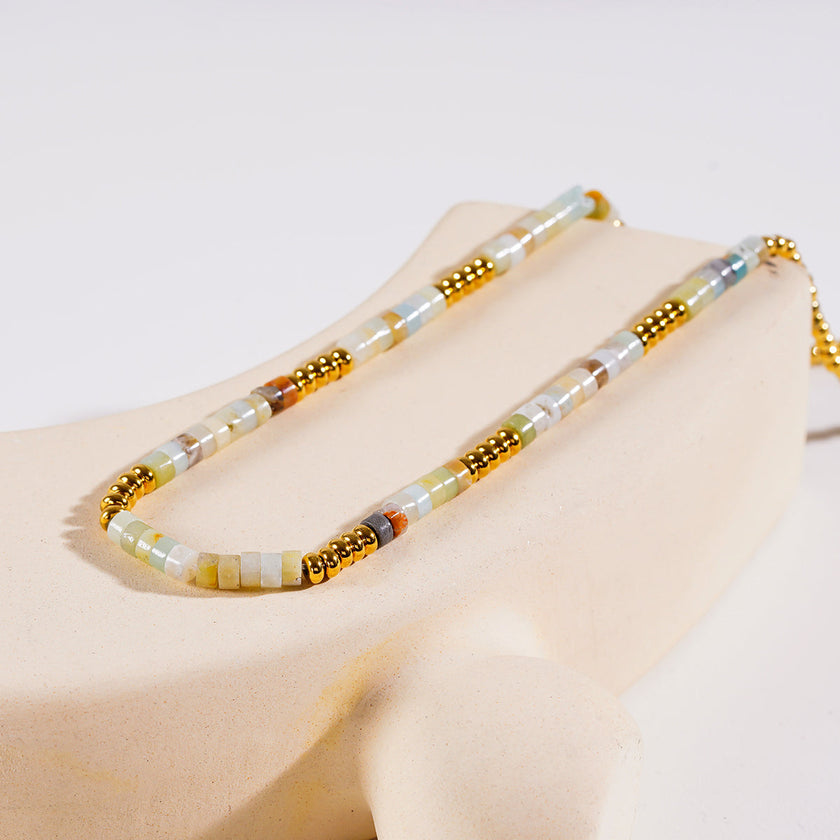 ISHANI: Pink Aventurine Stones and Gold Beaded Necklace