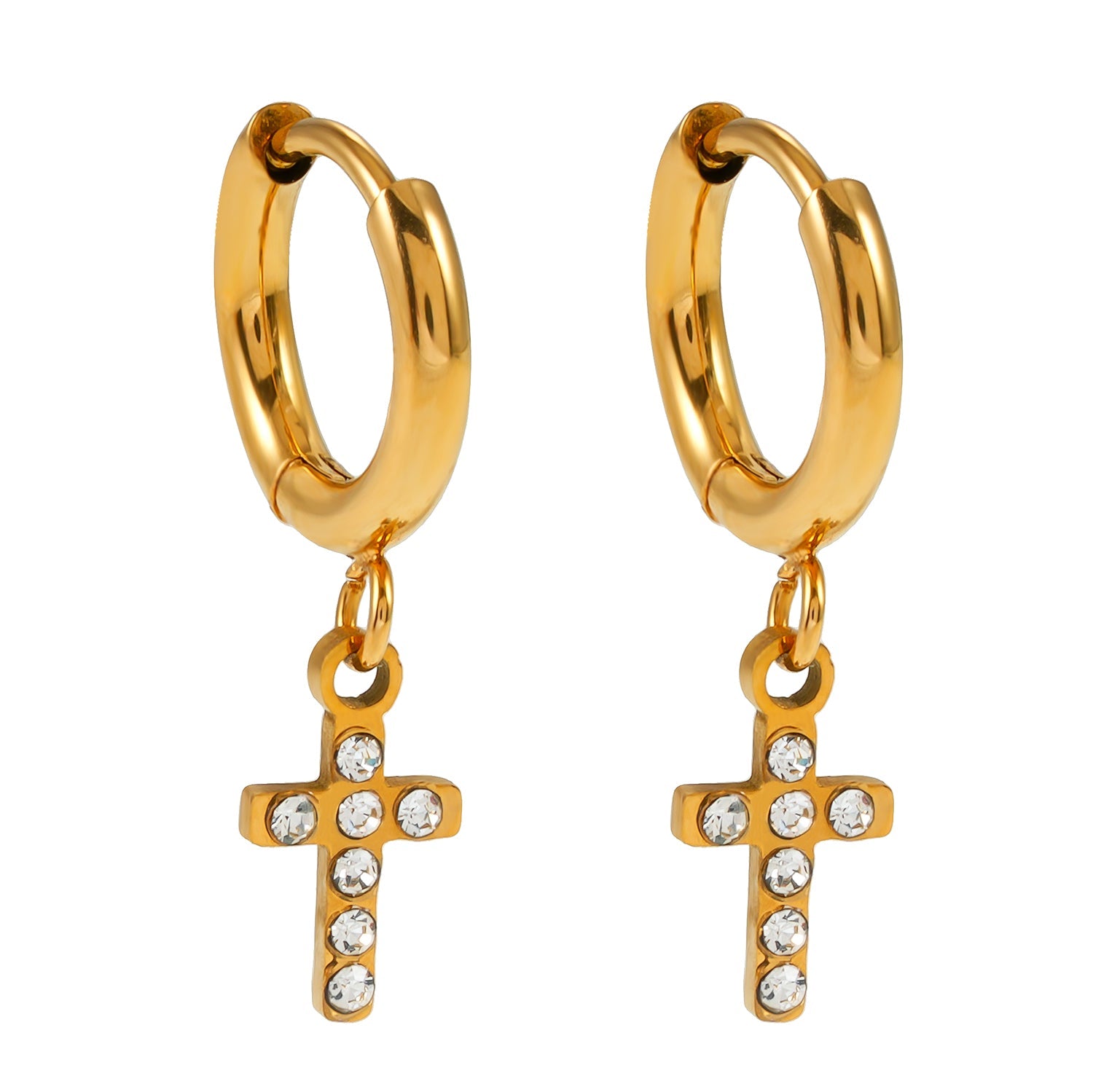 ISTEN Gold : Boucles d'oreilles mini-cercles avec croix pavée de zircons.