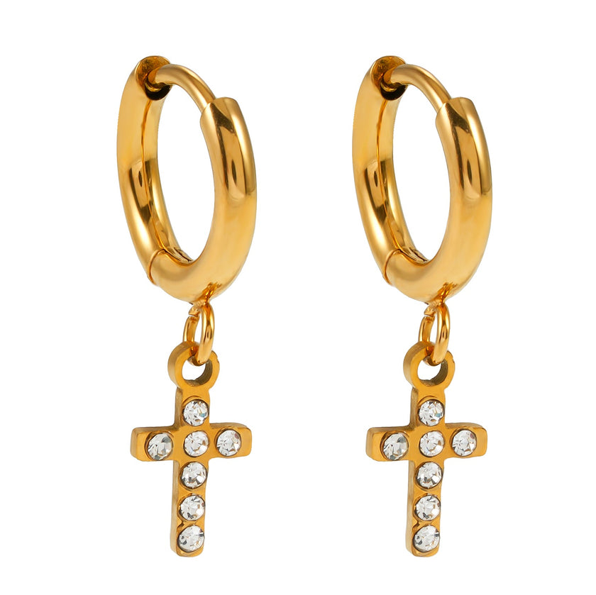 ISTEN Gold : Boucles d'oreilles mini-cercles avec croix pavée de zircons.