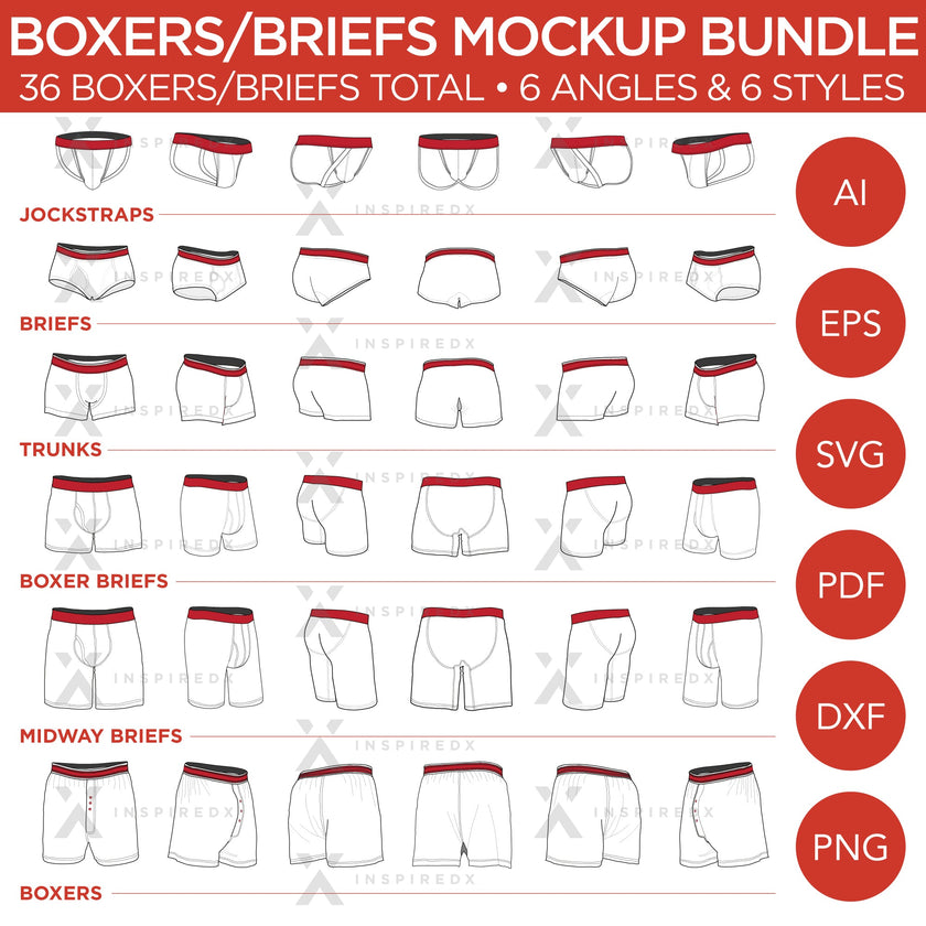 Boxers/Briefs Bundle - Mockup and Template, 36 Total, 6 Angles, 6 Styles, Layered, Detailed & Editable Vector in EPS, SVG, AI, PNG, DXF and PDF