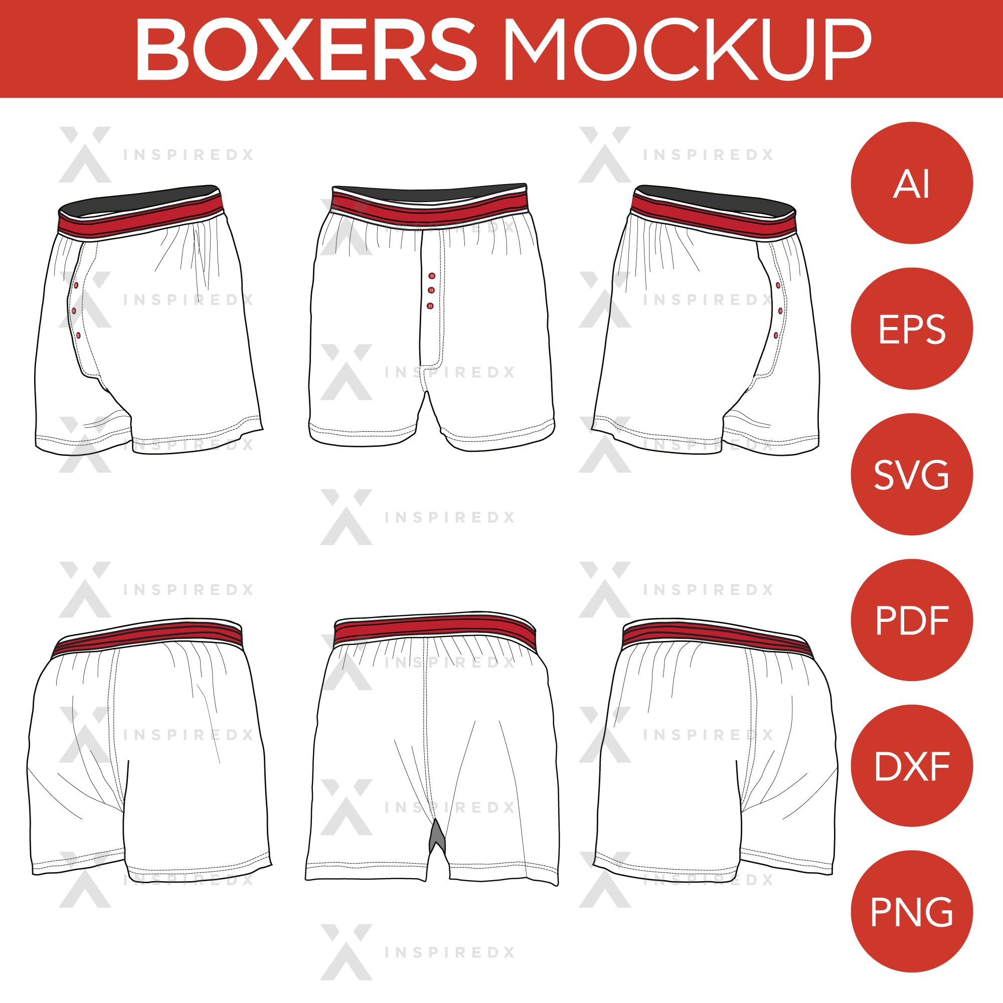 Boxers - Mockup and Template - 6 Angles, Layered, Detailed and Editable Vector in EPS, SVG, AI, PNG, DXF and PDF