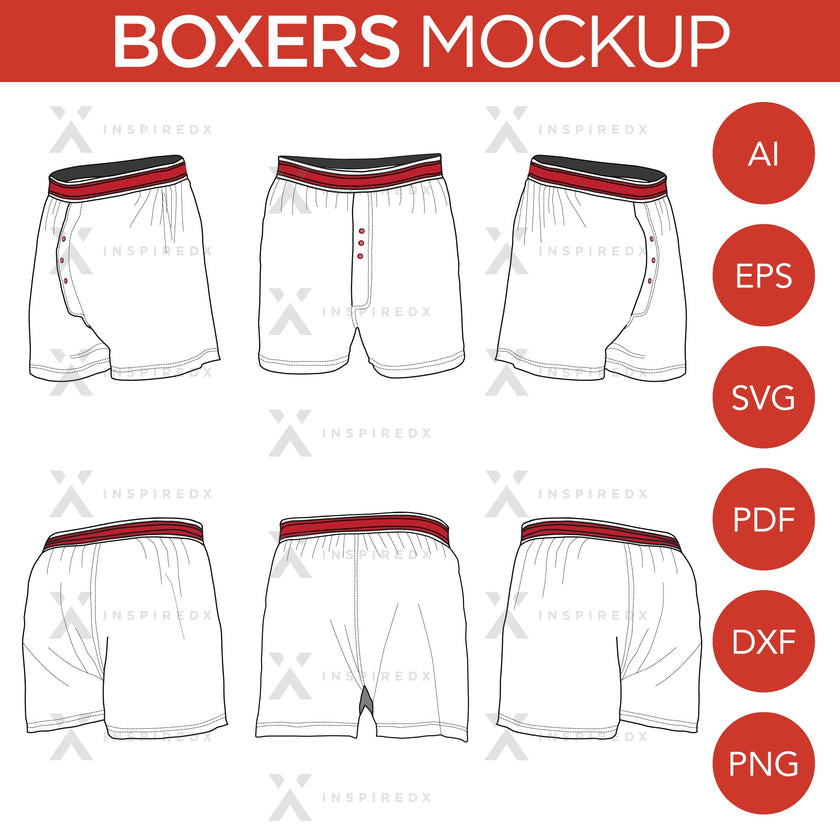 Boxers - Mockup and Template - 6 Angles, Layered, Detailed and Editable Vector in EPS, SVG, AI, PNG, DXF and PDF