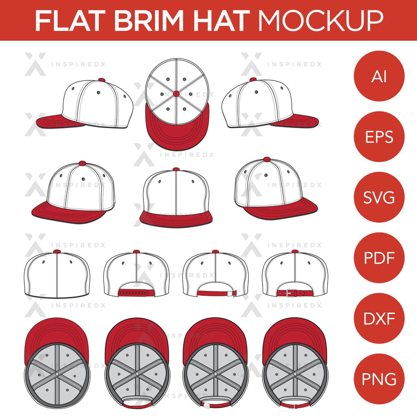 Flat Brim Baseball Cap - Mockup and Template - 8 Angles, Layered, Detailed and Editable Vector in EPS, SVG, AI, PNG, DXF and PDF