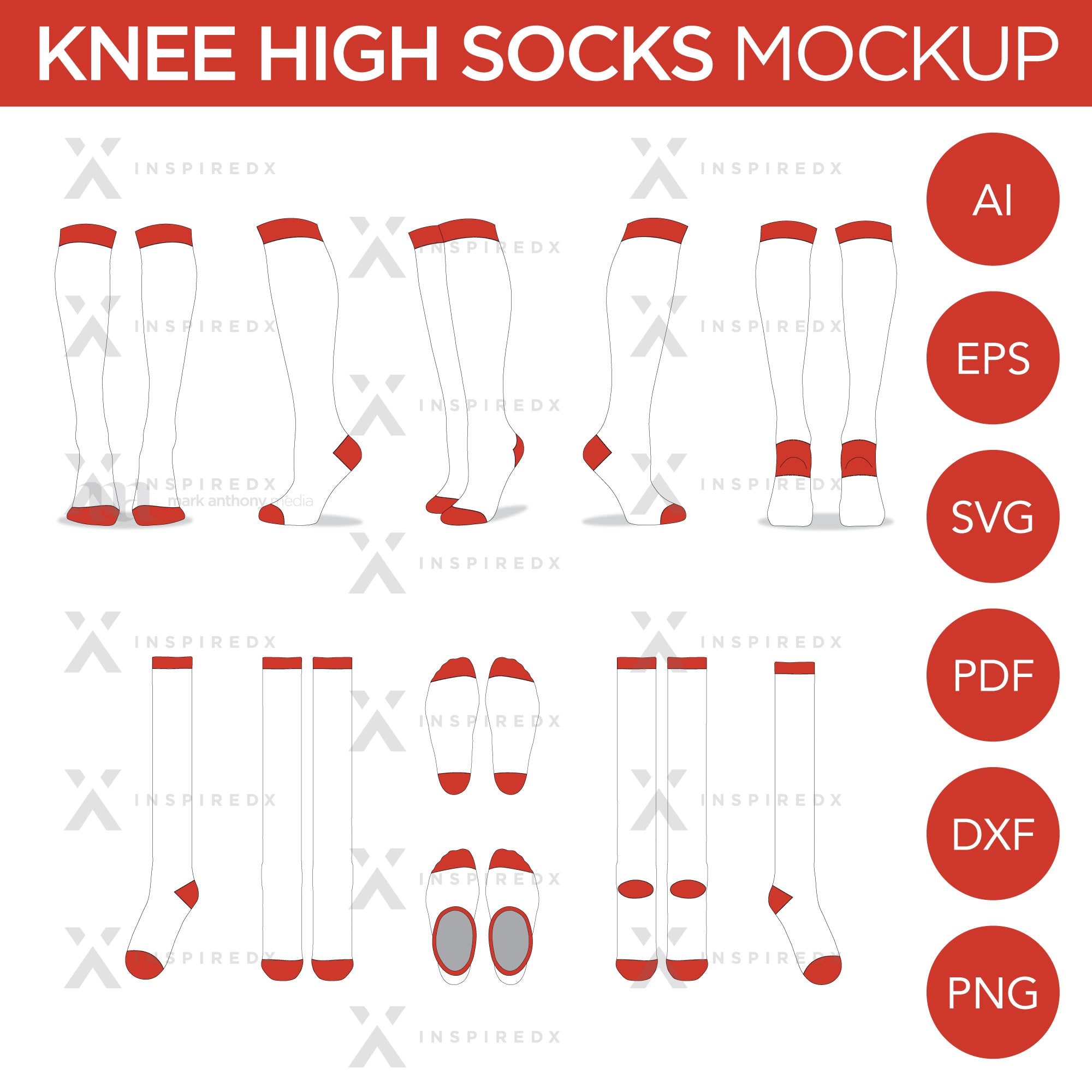 Knee High Socks - Mockup and Template - 11 Angles, Layered, Detailed and Editable Vector in EPS, SVG, AI, PNG, DXF and PDF