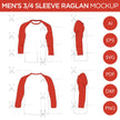 Raglan Men's 3/4 Sleeve Shirt - Mockup and Template - 4 Angles, 1 Style, Layered, Detailed and Editable Vector in EPS, SVG, AI, PNG, DXF and PDF