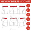 Midway Boxer Briefs - Mockup and Template - 6 Angles, Layered, Detailed and Editable Vector in EPS, SVG, AI, PNG, DXF and PDF