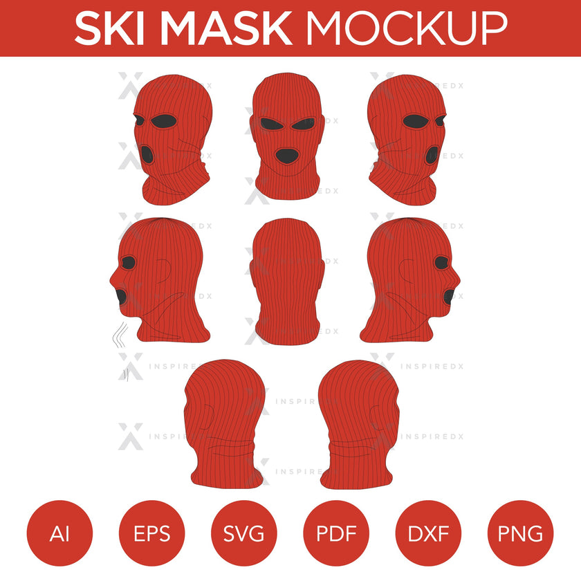 Ski Mask w/ 3 Holes - Mockup and Template - 8 Angles, 1 Style, Layered, Detailed and Editable Vector in EPS, SVG, AI, PNG, DXF and PDF