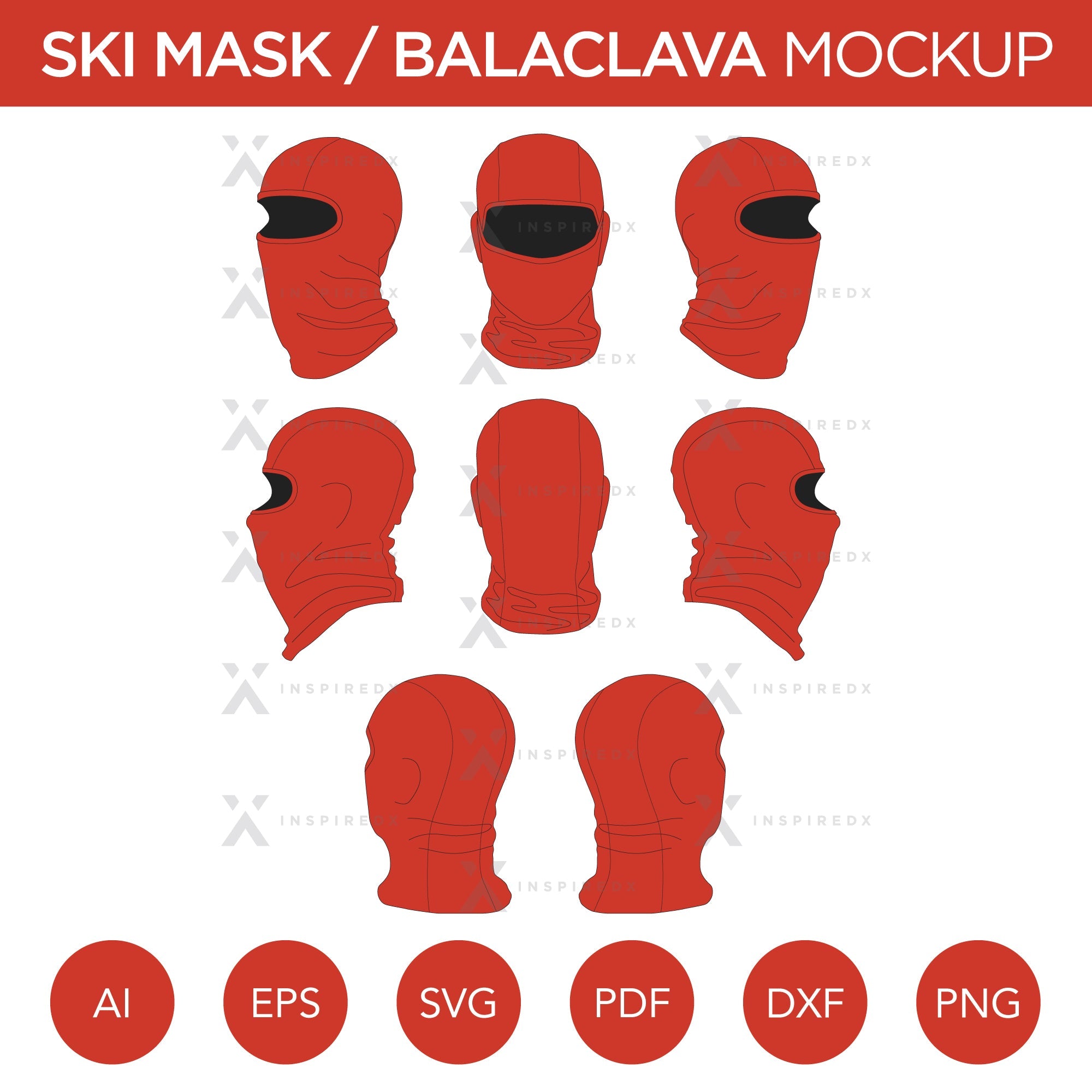 Ski Mask / Balaclava - Mockup and Template - 8 Angles, 1 Style, Layered, Detailed and Editable Vector in EPS, SVG, AI, PNG, DXF and PDF