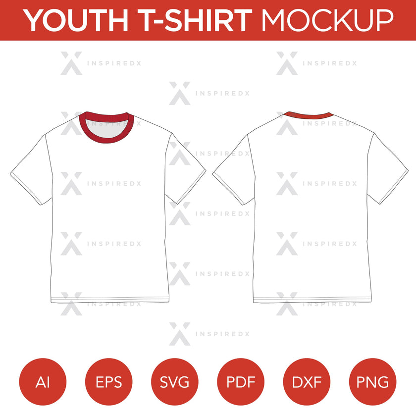 Youth T-Shirt - Mockup and Template - 1 Angles, 1 Style, Layered, Detailed and Editable Vector in EPS, SVG, AI, PNG, DXF and PDF