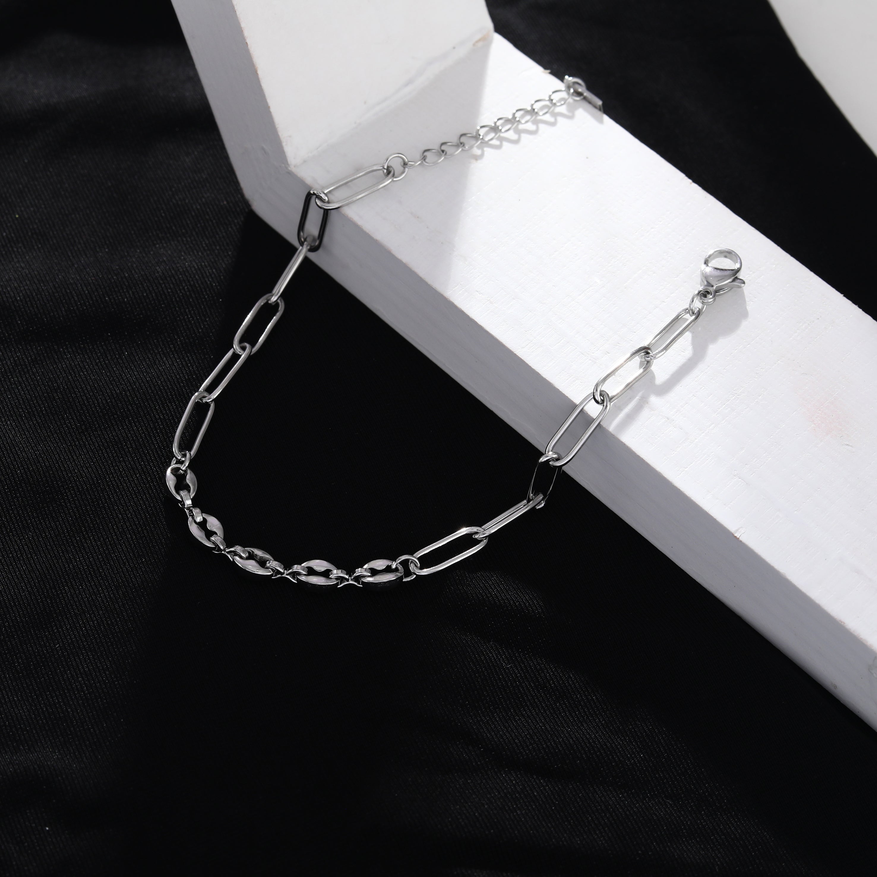 IZARA Silver (White Gold):  Paperclip & Oval Bead Chain Bracelet – Modern Minimal Statement Jewellery