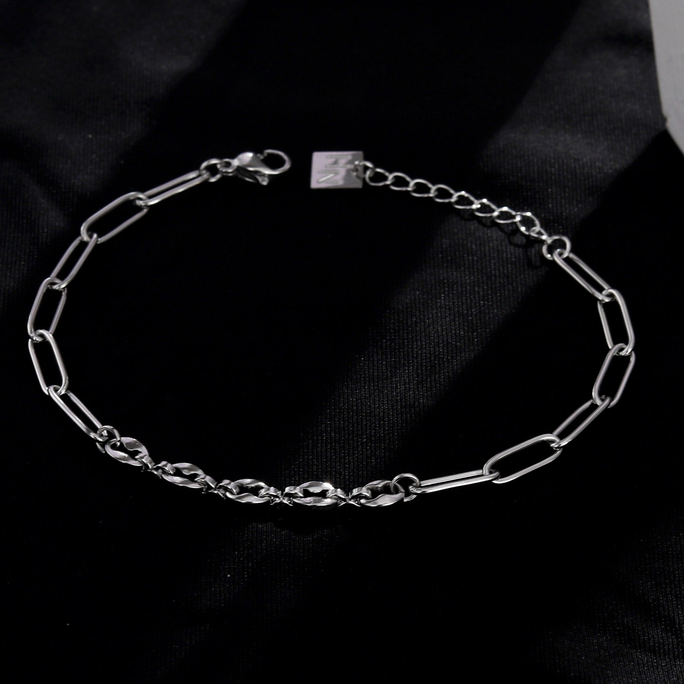 IZARA Silver (White Gold):  Paperclip & Oval Bead Chain Bracelet – Modern Minimal Statement Jewellery