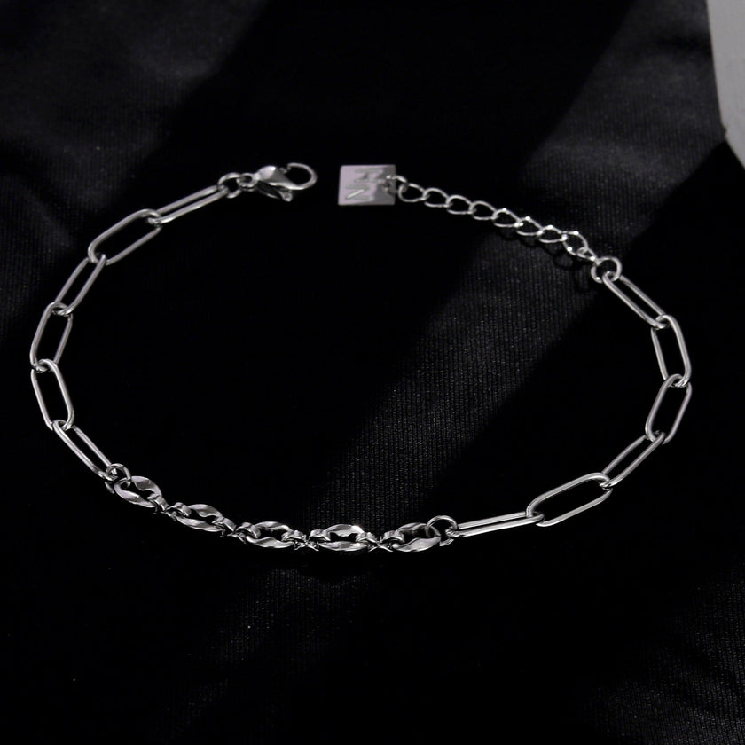 IZARA Silver (White Gold):  Paperclip & Oval Bead Chain Bracelet – Modern Minimal Statement Jewellery