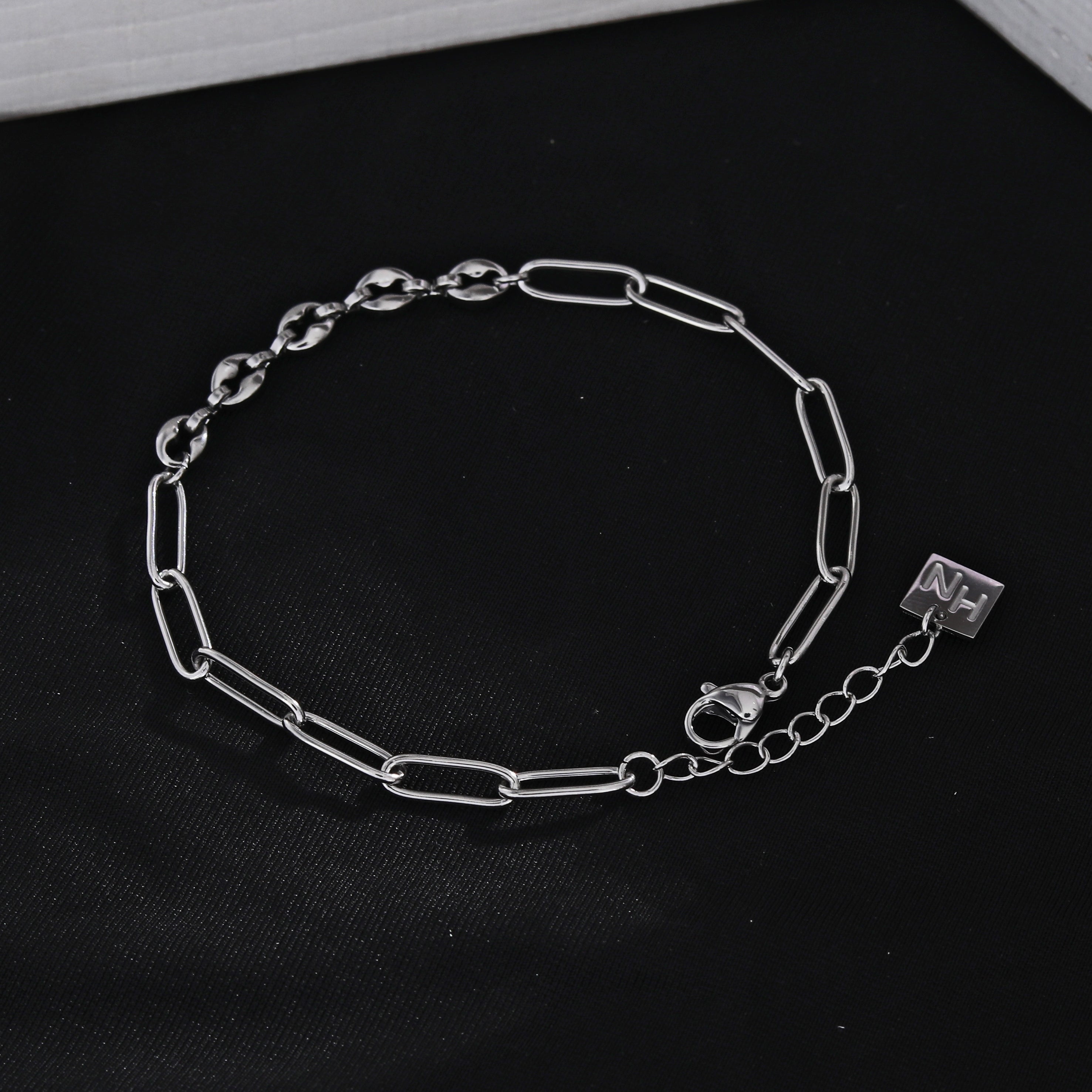 IZARA Silver (White Gold):  Paperclip & Oval Bead Chain Bracelet – Modern Minimal Statement Jewellery