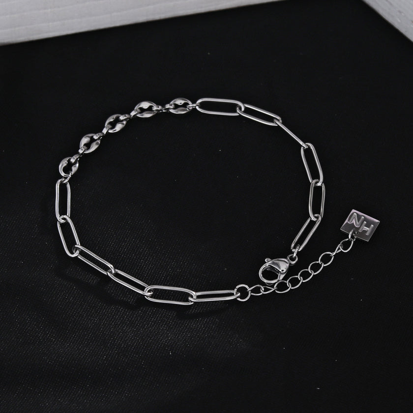 IZARA Silver (White Gold):  Paperclip & Oval Bead Chain Bracelet – Modern Minimal Statement Jewellery