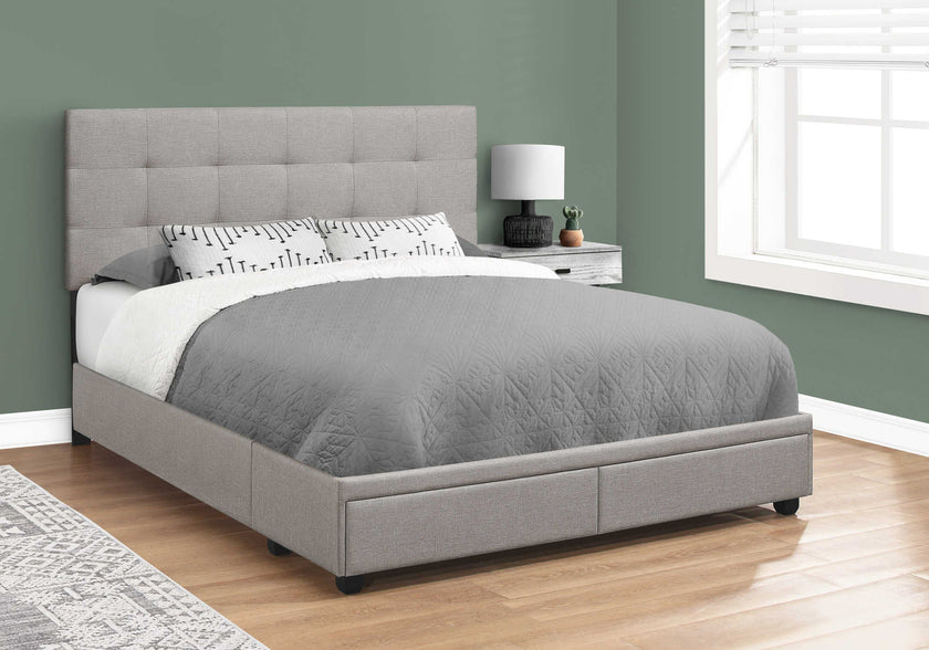 Base de lit Queen avec 2 tiroirs rangement tissus gris - Monarch (I6020Q)