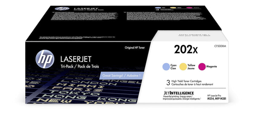 HP 202X Cyan/Magenta/Yellow High Yield LaserJet Toner Cartridges - 3 Pack