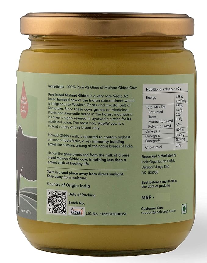 Ghee A2 de vache Desi Malnad Gidda, nourrie à l'herbe en forêt, de Indic Organics | Ghee de vache Desi pure | Ghee de culture premium